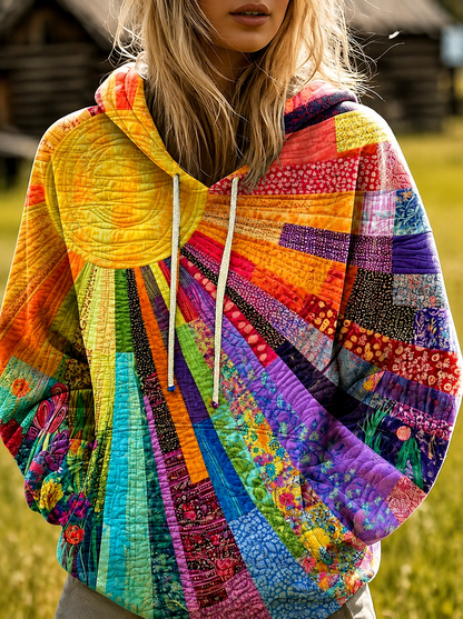 Sweat-shirt femme matelassé à capuche, imprimé soleil multicolore 3D
