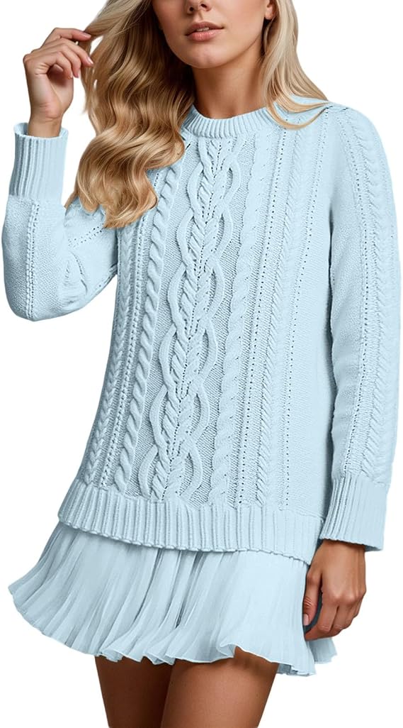 Robe Mini Douce En Maille Torsadée Et Mousseline De Soie, à Col Rond