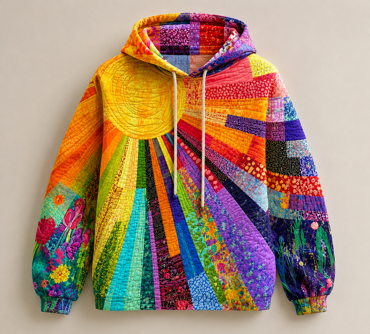 Sweat-shirt femme matelassé à capuche, imprimé soleil multicolore 3D