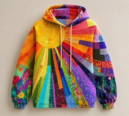 Sweat-shirt femme matelassé à capuche, imprimé soleil multicolore 3D