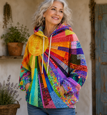 Sweat-shirt femme matelassé à capuche, imprimé soleil multicolore 3D