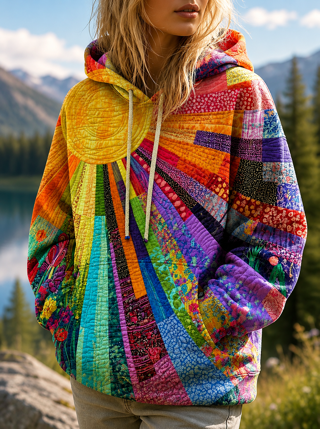 Sweat-shirt femme matelassé à capuche, imprimé soleil multicolore 3D