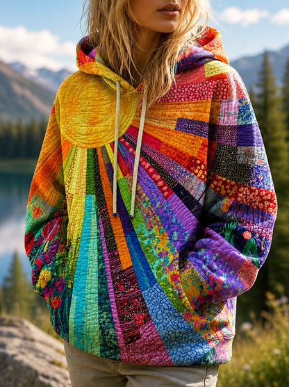 Sweat-shirt femme matelassé à capuche, imprimé soleil multicolore 3D