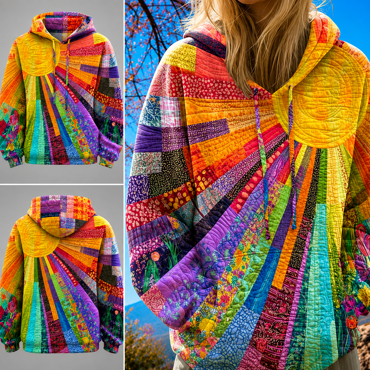 Sweat-shirt femme matelassé à capuche, imprimé soleil multicolore 3D